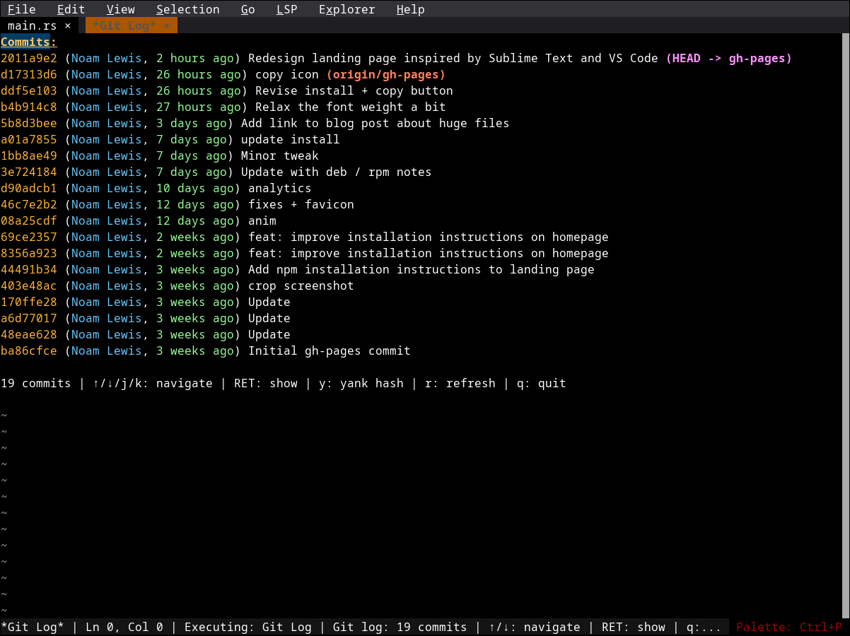 Git log plugin showing commit history